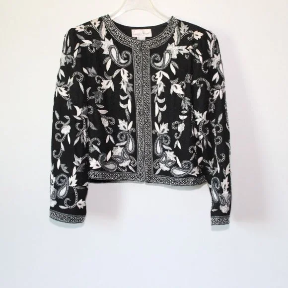Vintage Laurence Kazar Silk Beaded Embroidered Blazer Jacket Black XL H13428 - Picture 11 of 12